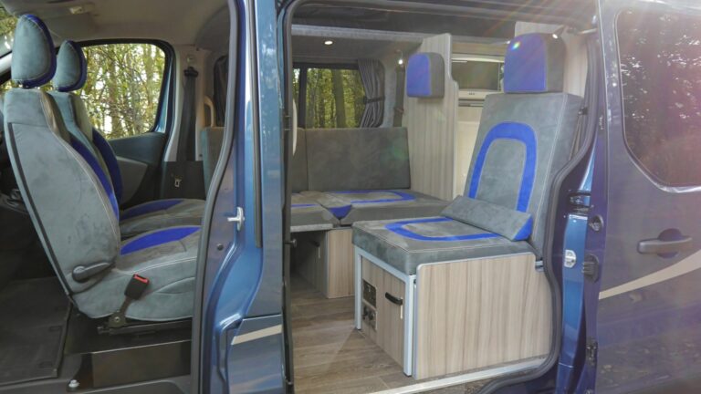blue and grey campervan interior
