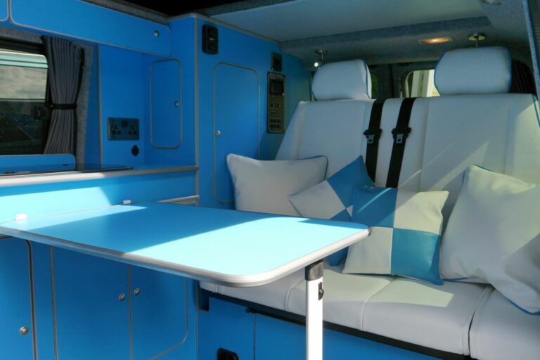 Elegant White and Blue campervan interior