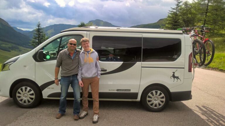 Jeremy and Julian outside their white campervan